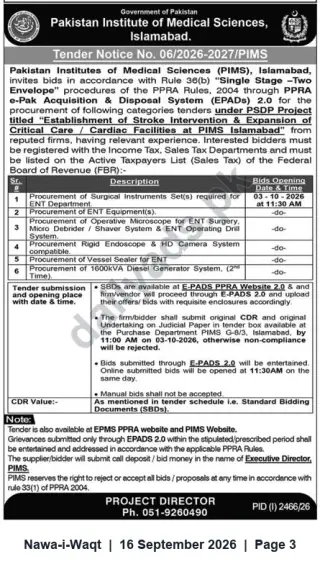 Newspaper clipping: PIMS Islamabad Tender for Equipment & Supplies — Stroke Intervention / Critical Care Expansion (ENT Sets, Endoscopes, Microscope, Generator), Nawa-i-Waqt, 16 Sep 2026