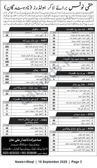 Newspaper clipping: Final Notice to Plot/Lot Holders — Listed Localities (Contact: Sahibzada Tajdar Ali Khan), Nawa-i-Waqt, 16 Sep 2026
