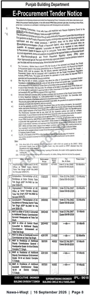 Newspaper clipping: Punjab Building Department E-Procurement Tenders — Building Division Toba Tek Singh (10 Packages), Nawa-i-Waqt, 16 Sep 2026