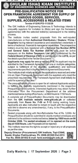 Newspaper clipping: GIK Institute Pre-Qualification: Open Framework Agreement for Supply of Goods & Services (Tender # GIKI/PD-1155/26), Daily Mashriq, 17 Sep 2026