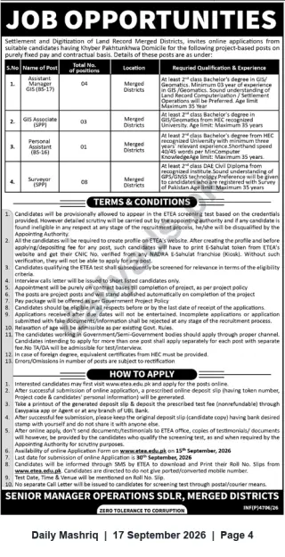 Newspaper clipping: Job Opportunities – Settlement & Digitization of Land Records (Merged Districts) – ETEA Recruitment (Khyber Pakhtunkhwa Domicile), Daily Mashriq, 17 Sep 2026