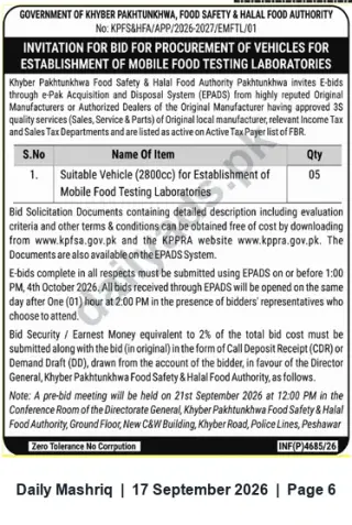 Newspaper clipping: Tender: Procurement of 5 x 2800cc Vehicles for Mobile Food Testing Laboratories — Khyber Pakhtunkhwa, Daily Mashriq, 17 Sep 2026