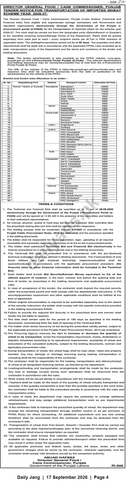 Newspaper clipping: Tender for Transportation of Imported Wheat (Scheme Year 2026-27) — Director General Food, Punjab, Jang, 17 Sep 2026