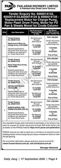 Newspaper clipping: PARCO Tender Enquiries for Replacement Motors and Monel Sheets, Jang, 17 Sep 2026