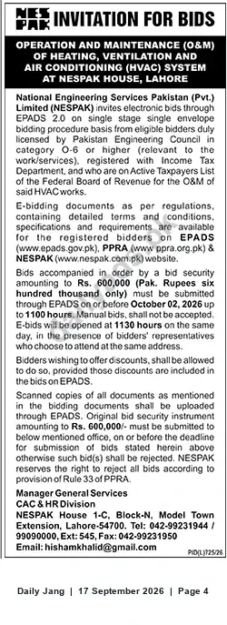 Newspaper clipping: NESPak Invitation for Bids — O&M of HVAC System at NESPak House, Lahore, Jang, 17 Sep 2026