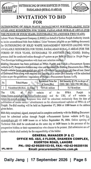 Newspaper clipping: Tender: Outsourcing Solid Waste Management Services — Tehsil Faisalabad (Rural-II) — LWMC, Jang, 17 Sep 2026