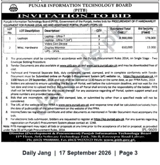 Newspaper clipping: PITB Invitation to Bid: Procurement of Hardware/IT Equipment for Punjab Legal Aid & Assistance Portal (TOPS-10), Jang, 17 Sep 2026