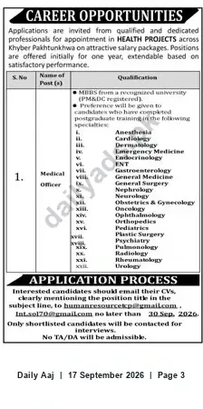 Newspaper clipping: Medical Officer Vacancies for Health Projects across Khyber Pakhtunkhwa (Contract), Daily Aaj, 17 Sep 2026