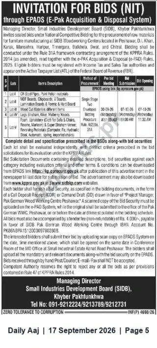Newspaper clipping: SIDB (KP) Invitation for Bids — Raw Materials for SIDB Woodworking Centers via EPADS, Daily Aaj, 17 Sep 2026