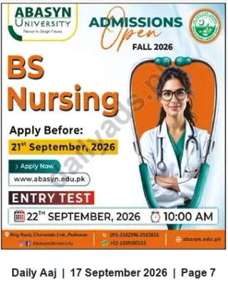 Newspaper clipping: Abasyn University — Fall 2026 BS Nursing Admissions (Apply by 2026-09-21), Daily Aaj, 17 Sep 2026