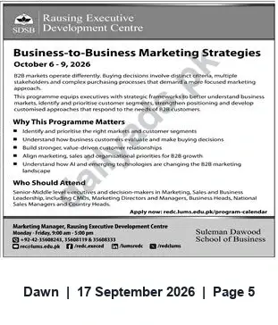 Newspaper clipping: Business-to-Business Marketing Strategies — Executive Programme (Oct 6–9, 2026), Dawn, 17 Sep 2026