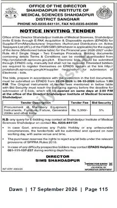 Newspaper clipping: Tender: Supply of Machinery, Equipment & Furniture for Shahdadpur Institute of Medical Sciences, Dawn, 17 Sep 2026