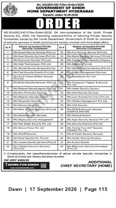 Newspaper clipping: Sindh Home Department Revokes Operating Licences of Private Security Companies (2025-09-18), Dawn, 17 Sep 2026