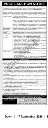 Newspaper clipping: Public Auction Notice by AOMI Shire & Company, Dawn, 17 Sep 2026