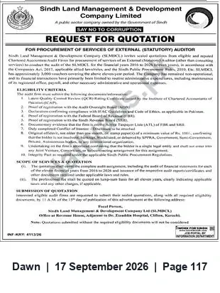 Newspaper clipping: Request for Quotation: External (Statutory) Auditor — Sindh Land Management & Development Company, Dawn, 17 Sep 2026