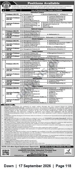 Newspaper clipping: COMSATS University Islamabad – Faculty Positions (Professor, Associate & Assistant) — Apply by 2024-10-05, Dawn, 17 Sep 2026