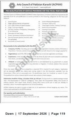 Newspaper clipping: Arts Council of Pakistan Karachi: Pre-Qualification of Service Providers for Fiscal Year 2016-27, Dawn, 17 Sep 2026