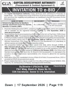 Newspaper clipping: CDA Invitation to e-Bid — Maintain & Transfer (0041), Dawn, 17 Sep 2026