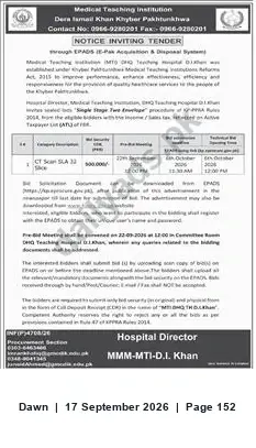 Newspaper clipping: Tender for CT Scan SLA — Medio Teaching Institution, Dera Ismail Khan, Dawn, 17 Sep 2026