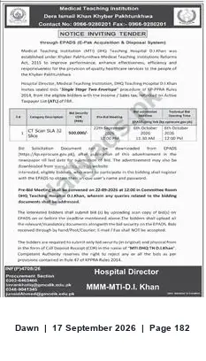 Newspaper clipping: Tender Notice — Medical Teaching Institution Dera Ismail Khan, Dawn, 17 Sep 2026