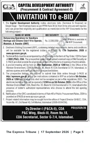 Newspaper clipping: CDA Invitation to e-Bid: Outsourcing Operations for Gandhara Heritage & Citizens Club F-9 (OMT), The Express Tribune, 17 Sep 2026
