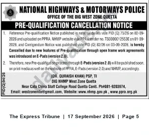 Newspaper clipping: NHMP West Zone Quetta: Pre-Qualification Notice Cancelled — New E-Pads (v2.0) Process Pending, The Express Tribune, 17 Sep 2026