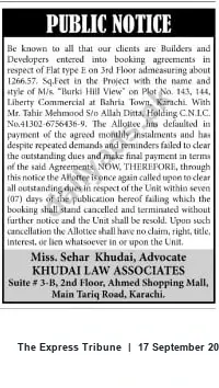 Newspaper clipping: Public Notice: Outstanding Dues — Flat Type E, Burki Hill View, Bahria Town Karachi, The Express Tribune, 17 Sep 2026