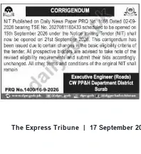 Newspaper clipping: Corrigendum: Tender opening date revised to 21 September 2026, The Express Tribune, 17 Sep 2026