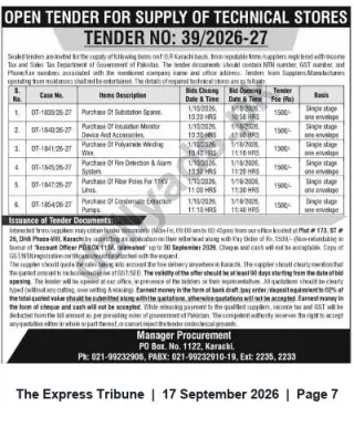 Newspaper clipping: Open Tender No. 39/2026-27 — Supply of Technical Stores (Karachi), The Express Tribune, 17 Sep 2026