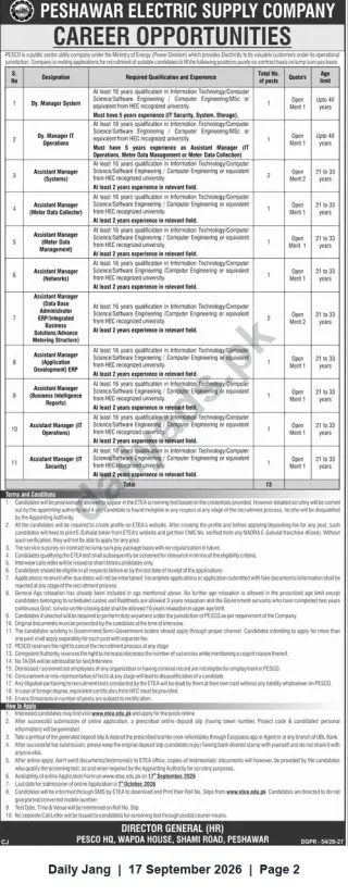 Newspaper clipping: PESCO Careers — 13 IT Positions (Dy. Manager & Assistant Managers) in Peshawar, Jang, 17 Sep 2026