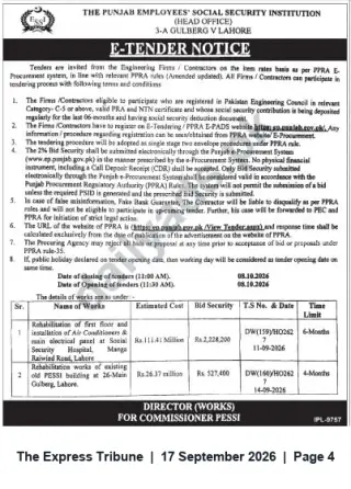 Newspaper clipping: PESSI Lahore E‑Tenders for Rehabilitation Works (Opening 2016-10-08), The Express Tribune, 17 Sep 2026