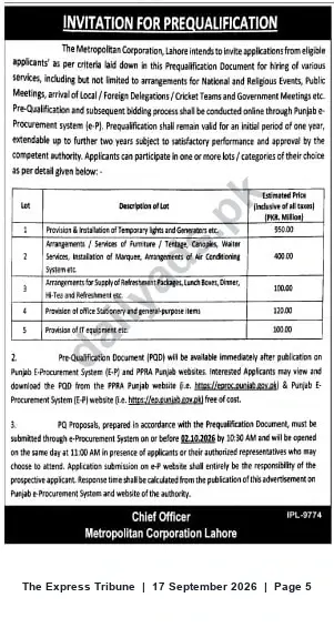 Newspaper clipping: Metropolitan Corporation Lahore — Invitation for Prequalification for Event & Support Services (Deadline 2026-10-02), The Express Tribune, 17 Sep 2026