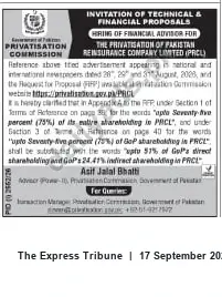 Newspaper clipping: Privatisation Commission RFP: Financial Advisor for Pakistan Reinsurance Company Limited (PRCL), The Express Tribune, 17 Sep 2026
