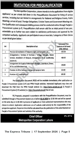 Newspaper clipping: Metropolitan Corporation Lahore — Invitation for Prequalification (Event & Support Services), The Express Tribune, 17 Sep 2026