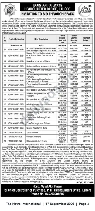 Newspaper clipping: Pakistan Railways Lahore — Invitation to Bid via ePADS for Miscellaneous CCP Items (Oct 2026), The News International, 17 Sep 2026