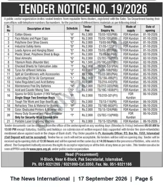 Newspaper clipping: Tender Notice No. 19/2026 — Supply of Safety, Industrial & Office Items (Pak Secretariat, Islamabad), The News International, 17 Sep 2026