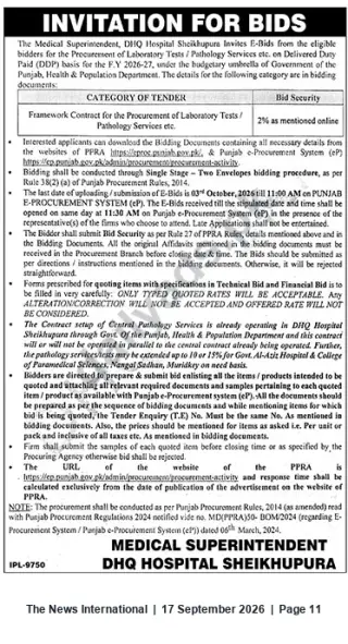 Newspaper clipping: Invitation for Bids: Framework Contract for Laboratory Tests & Pathology Services — DHQ Hospital Sheikhupura, The News International, 17 Sep 2026