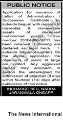 Newspaper clipping: Public Notice: Application for Succession Certificate for Muhammad Yousaf, The News International, 17 Sep 2026