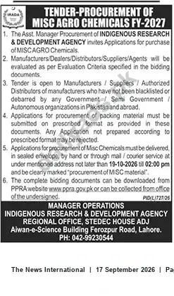 Newspaper clipping: Tender: Procurement of Misc Agro Chemicals FY-2027 — Indigenous Research & Development Agency, Lahore, The News International, 17 Sep 2026