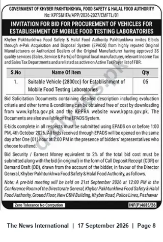 Newspaper clipping: KP Food Safety & Halal Food Authority Tender for 5 Mobile Food Testing Laboratory Vehicles (2800cc), The News International, 17 Sep 2026