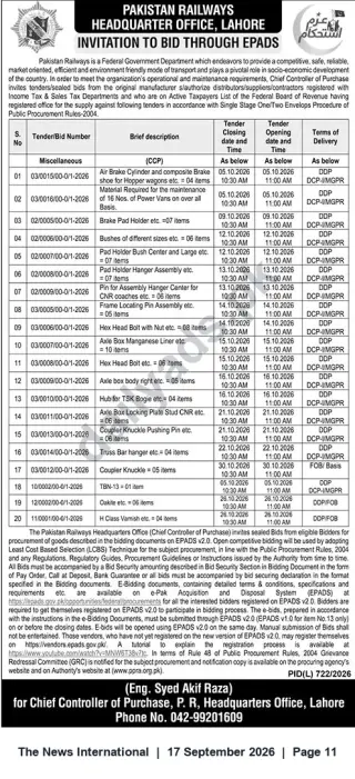 Newspaper clipping: Pakistan Railways HQ Lahore — Invitation to Bid via ePADS for Various Stores & Parts (Oct 2026), The News International, 17 Sep 2026