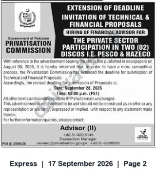 Newspaper clipping: Privatisation Commission — Extended RFP Deadline: Financial Advisor for Participation in PESCO & HAZECO, Express, 17 Sep 2026