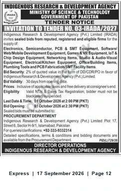 Newspaper clipping: Tender 03-IRADA/2027 — Supply of Electronics, Semiconductor, PCB & SMT Equipment (IRADA, Islamabad), Express, 17 Sep 2026