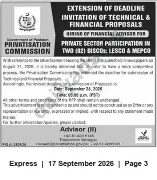 Newspaper clipping: Privatisation Commission Extends Deadline for Hiring Financial Advisor for LESCO & MEPCO (Deadline 2026-09-28), Express, 17 Sep 2026