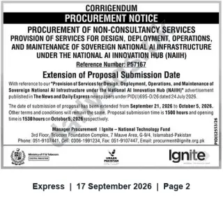 Newspaper clipping: Ignite (National Technology Fund) Corrigendum: Extension for Submission — Procurement of Non-Consultancy Services for Sovereign National AI Infrastructure (Ref: P57167), Express, 17 Sep 2026