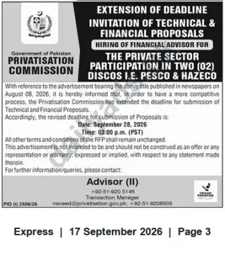 Newspaper clipping: Privatisation Commission: RFP Extension for Financial Advisor — Participation in PESCO & HAZECO (Deadline 2026-09-28), Express, 17 Sep 2026