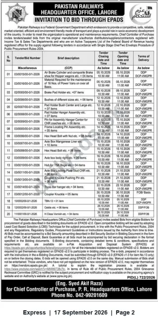 Newspaper clipping: Pakistan Railways HQ Lahore Invitation to Bid via ePADS — Miscellaneous Spare Parts (Oct 2026), Express, 17 Sep 2026