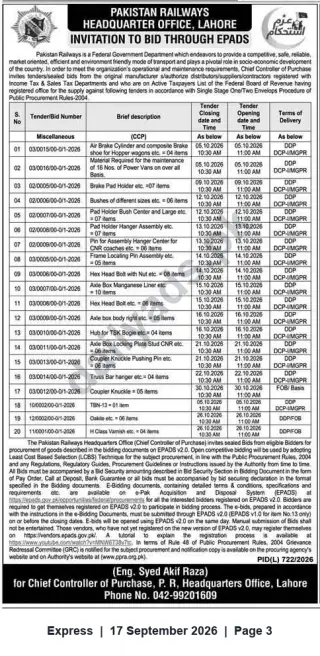 Newspaper clipping: Pakistan Railways HQ Lahore — Invitation to Bid via ePADS (Multiple Supply Tenders), Express, 17 Sep 2026