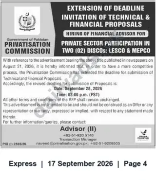 Newspaper clipping: Privatisation Commission Extends Deadline for Hiring Financial Advisor for LESCO & MEPCO, Express, 17 Sep 2026