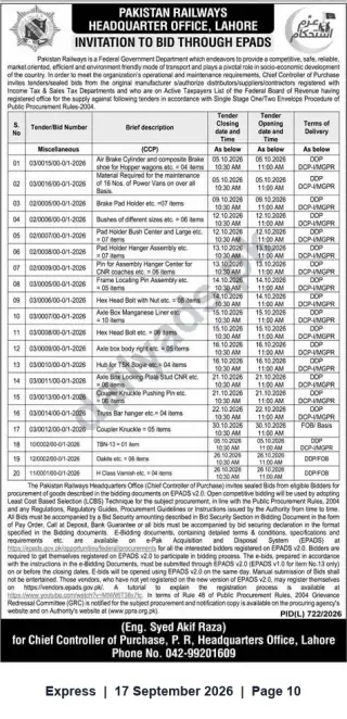 Newspaper clipping: Pakistan Railways HQ Lahore — Invitation to Bid via ePADS for Miscellaneous Rolling‑Stock Parts (Oct 2026), Express, 17 Sep 2026